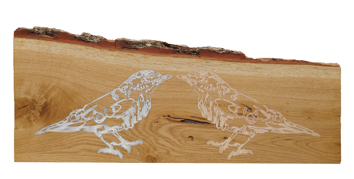 Souvenir Two (Birds Drawing on Polished Oak with Resin)